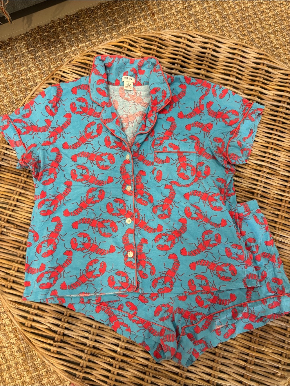 J. Crew Blue Short-Sleeve Pajama Set with Red Lobster Print